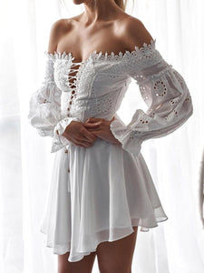 Fashion Lace One-shoulder Drawstring Long Sleeve Dress