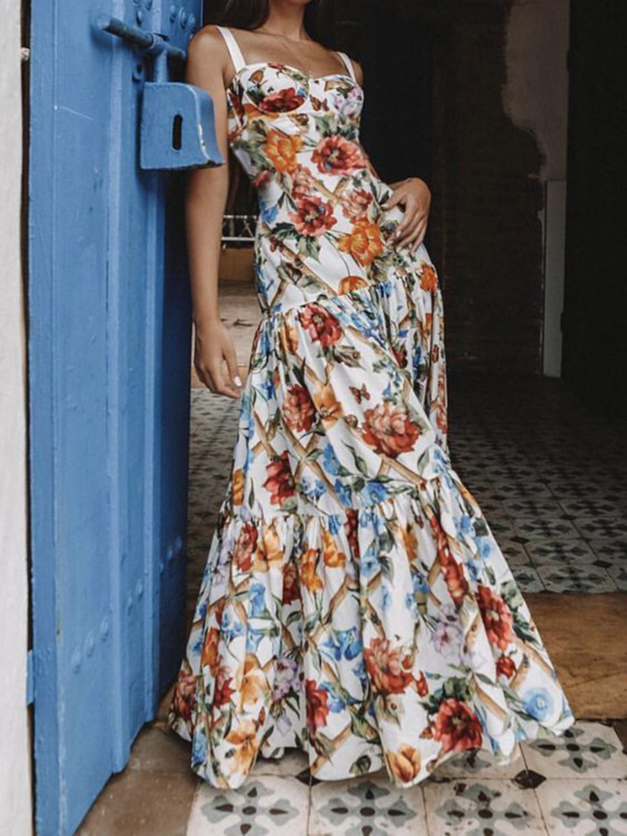 Women Floral Sexy Sling Maxi Dress