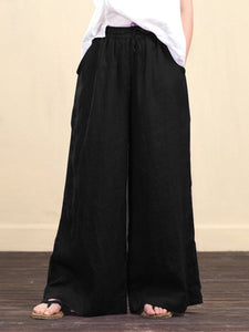 Solid Color Women'S Cotton And Linen Wide-Leg Pants