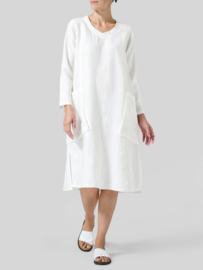 Loose V-Neck Women'S Cotton And Linen Dress