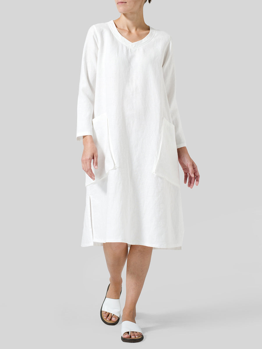 Loose V-Neck Women'S Cotton And Linen Dress