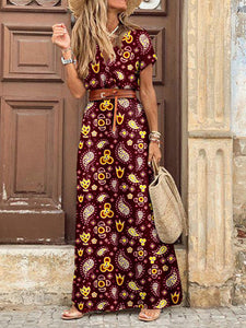 Women Bohemian V-Neck Short Sleeve Floral Dress