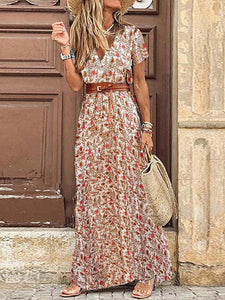 Women Bohemian V-Neck Short Sleeve Floral Dress