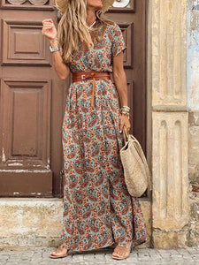 Women Bohemian V-Neck Short Sleeve Floral Dress