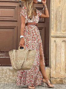 Women Bohemian V-Neck Short Sleeve Floral Dress