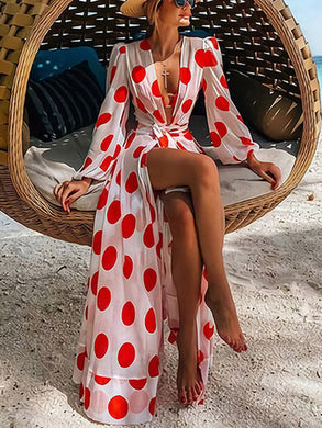 Women Polka Dot Chiffon Maxi Dress