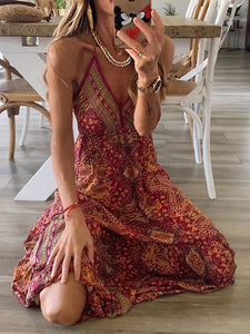 Women Bohemian V-Neck Print Maxi Dress