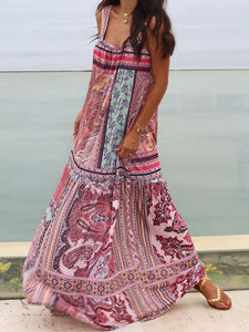 Women Vacation Loose Print Sling Maxi Dress