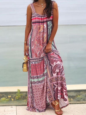 Women Vacation Loose Print Sling Maxi Dress