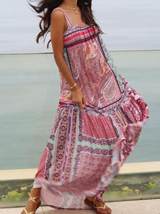 Women Vacation Loose Print Sling Maxi Dress