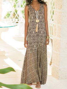 Women Bohemian Sleeveless Geometric Printed Maxi Dress