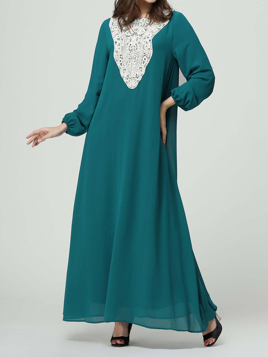 Women'S Round Neck Lace Long Sleeve Loose Long Dress