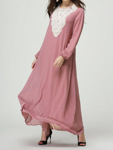 Women'S Round Neck Lace Long Sleeve Loose Long Dress