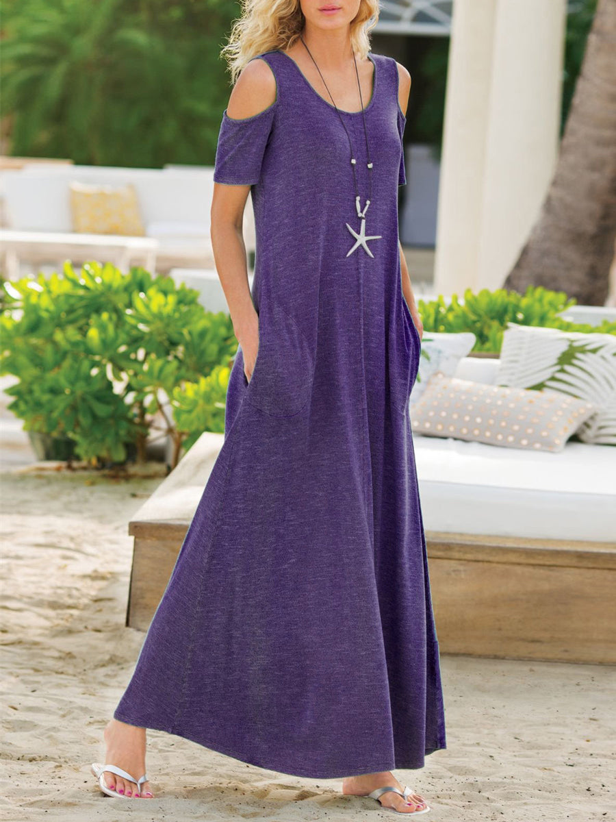 Women Plain Short Sleeve Pocket Maxi Dress