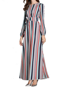 Casual Round Neck Slim Striped Long Sleeve Dress