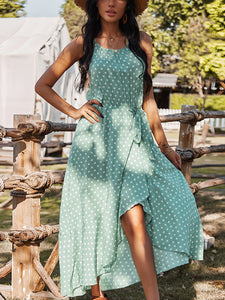 Women Vacation Sling Polka Dot Lace-Up Dress