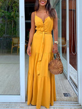 Load image into Gallery viewer, Women Plain Button V-Neck Sling Maxi Dress