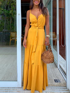 Women Plain Button V-Neck Sling Maxi Dress
