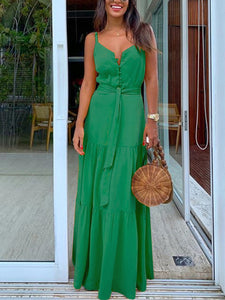 Women Plain Button V-Neck Sling Maxi Dress