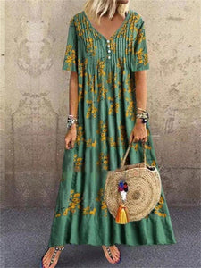 Cotton And Linen Retro Print Popular Women'S Dress