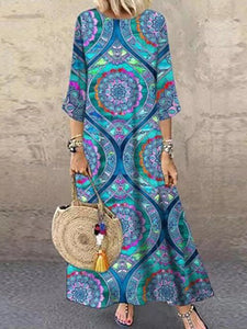 Bohemian Ethnic Print Crew Neck Holiday Midi Dress