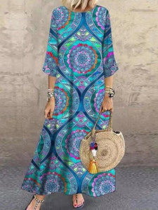 Bohemian Ethnic Print Crew Neck Holiday Midi Dress