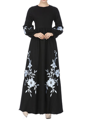 Chiffon Embroidered Round Neck Long Sleeve Dress