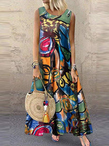 Ethnic Style Round Neck Abstract Print Sleeveless Holiday Dress