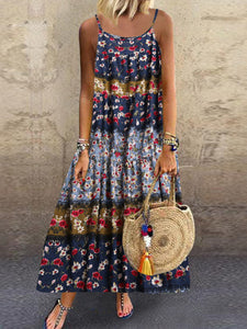 Loose Sling Round Neck Ethnic Retro Print Long Dress