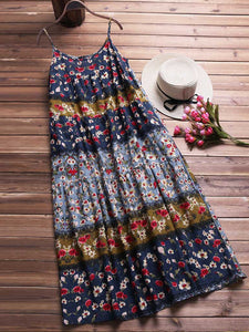 Loose Sling Round Neck Ethnic Retro Print Long Dress