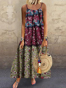 Loose Sling Round Neck Ethnic Retro Print Long Dress