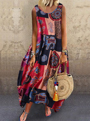 Vintage Abstract Print Loose Sleeveless Casual Dress