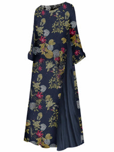 Retro Cotton And Linen Print Stitching Women'S Dress