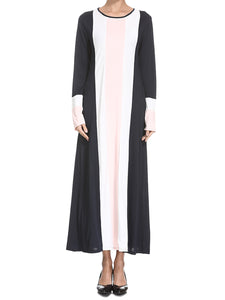 Round Neck Contrast Color Slim Long Sleeve Dress