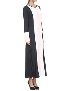 Round Neck Contrast Color Slim Long Sleeve Dress