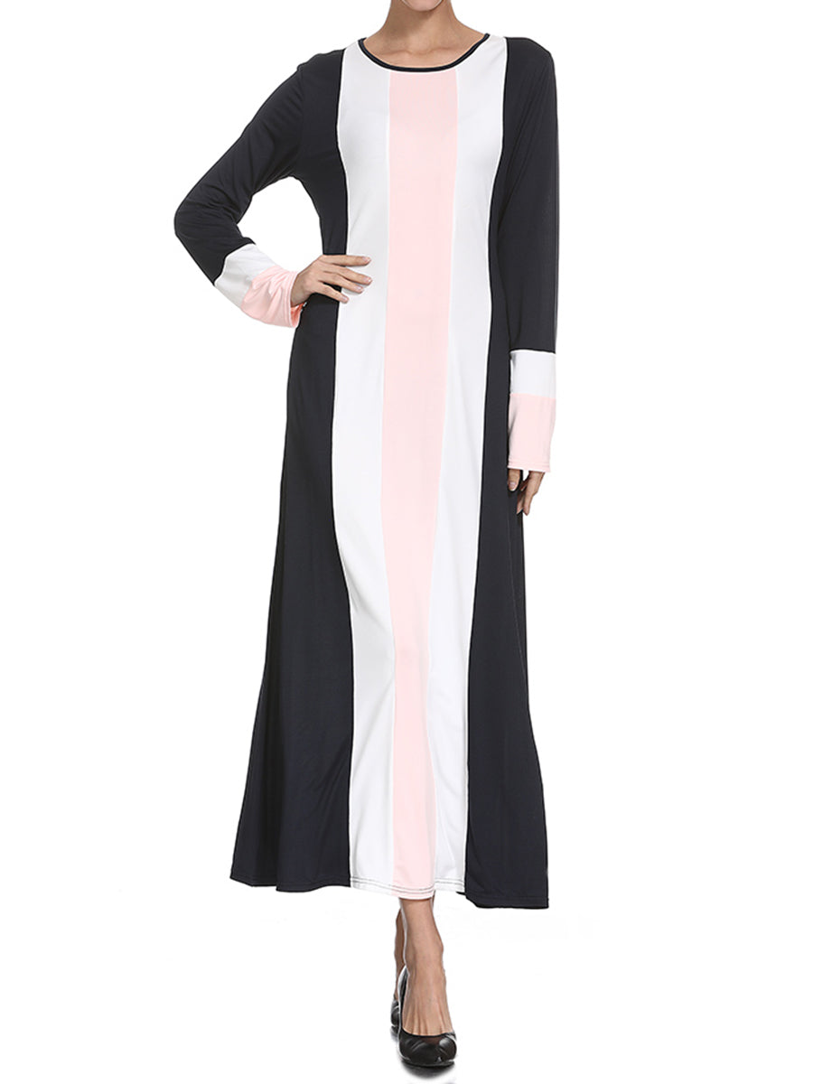 Round Neck Contrast Color Slim Long Sleeve Dress