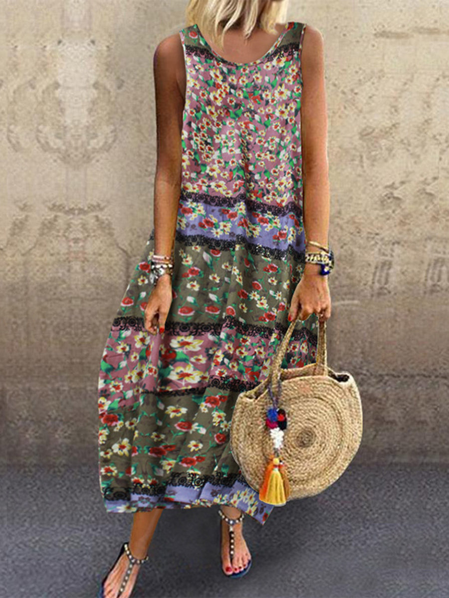 Retro Loose Print Lantern Dress Sleeveless Casual Dress