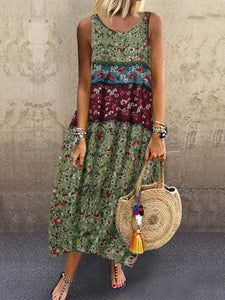 Retro Loose Print Lantern Dress Sleeveless Casual Dress