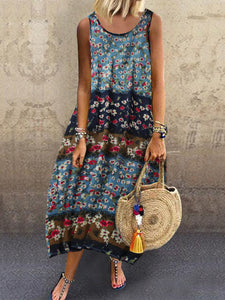 Retro Loose Print Lantern Dress Sleeveless Casual Dress