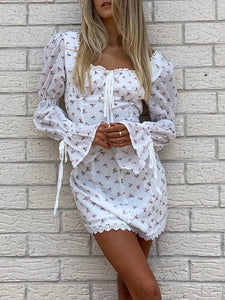 Pleated Square Collar Long Sleeve Slim Floral Dress