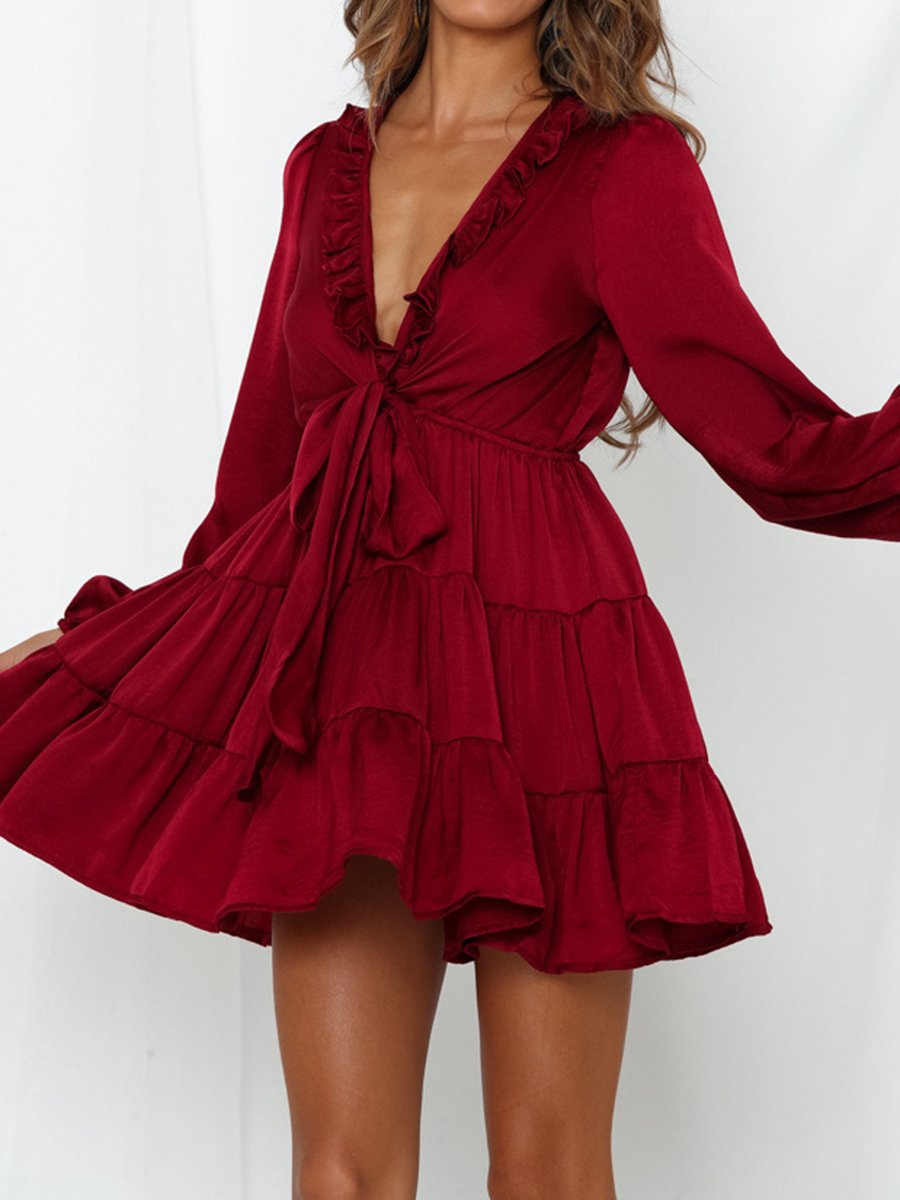 Deep V Lace Sweet Long Sleeve Mini Dress