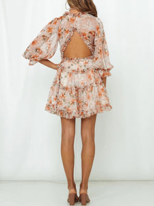 Sweet Chiffon Printed V-Neck Ruffle Mini Dress