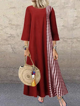 Load image into Gallery viewer, Women Check Stitching Cotton and Linen 1/2 Sleeve Maxi Dress