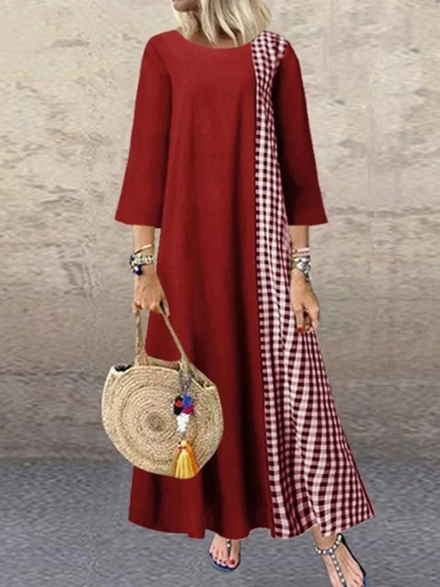 Women Check Stitching Cotton and Linen 1/2 Sleeve Maxi Dress