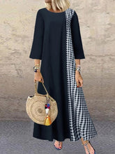 Load image into Gallery viewer, Women Check Stitching Cotton and Linen 1/2 Sleeve Maxi Dress