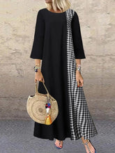 Load image into Gallery viewer, Women Check Stitching Cotton and Linen 1/2 Sleeve Maxi Dress