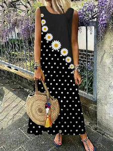 Women Bohemian Sleeveless Daisy Print Maxi Dress