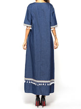 Load image into Gallery viewer, Women&#39;S Casual Lace Fringed Collage Middle Sleeve Denim Dress