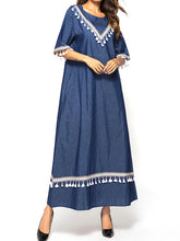 Load image into Gallery viewer, Women&#39;S Casual Lace Fringed Collage Middle Sleeve Denim Dress