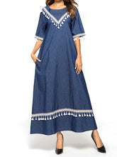 Load image into Gallery viewer, Women&#39;S Casual Lace Fringed Collage Middle Sleeve Denim Dress